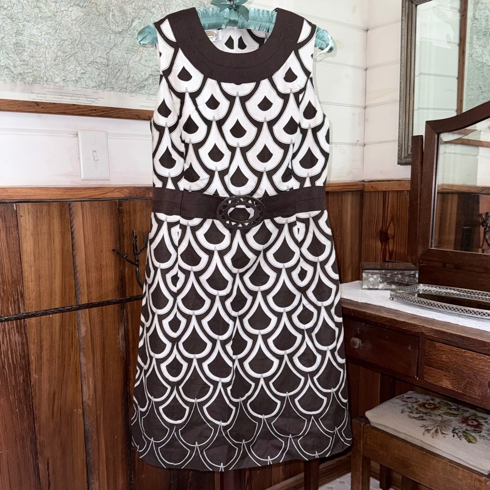 Talbots Linen Shift Dress Womens 6P Brown White Geometric Belted Sleeveless